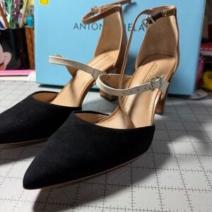Antonio Melani Seriena Suede Toe Ankle Strap 3in Heels WITH BOX 8.5M Black/Tan